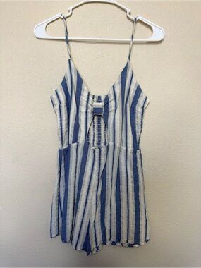Striped Blue and White Womens Romper with Front Cutout